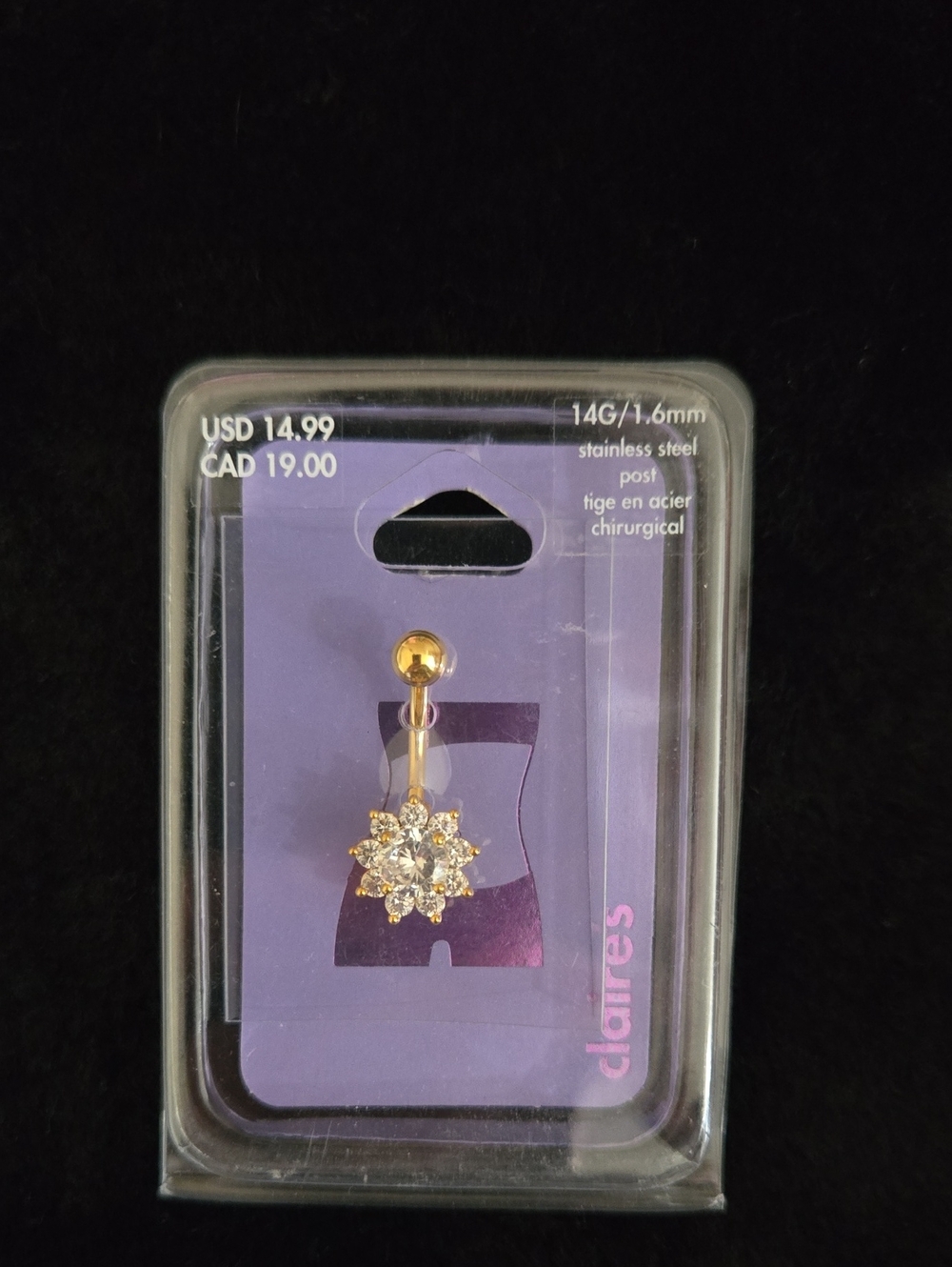 Claire’s Gold Crystal Flower Dangle Belly Button Ring 14G NWT - Picture 2 of 3
